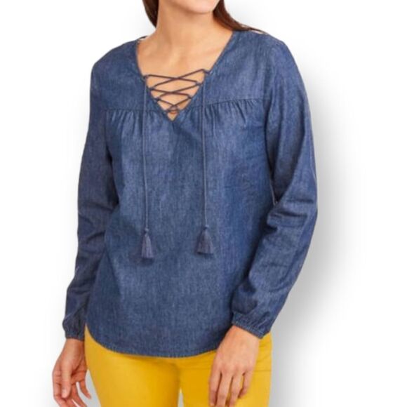 FADDED GLORY DENIM BLUE LACE UP PEASANT  TOP SZ.S EUC - Picture 1 of 7
